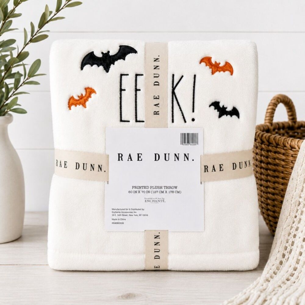 NWT Rae Dunn EEK Hocus Pocus Bat Fringe Halloween 50x70 Plush Throw Blanket